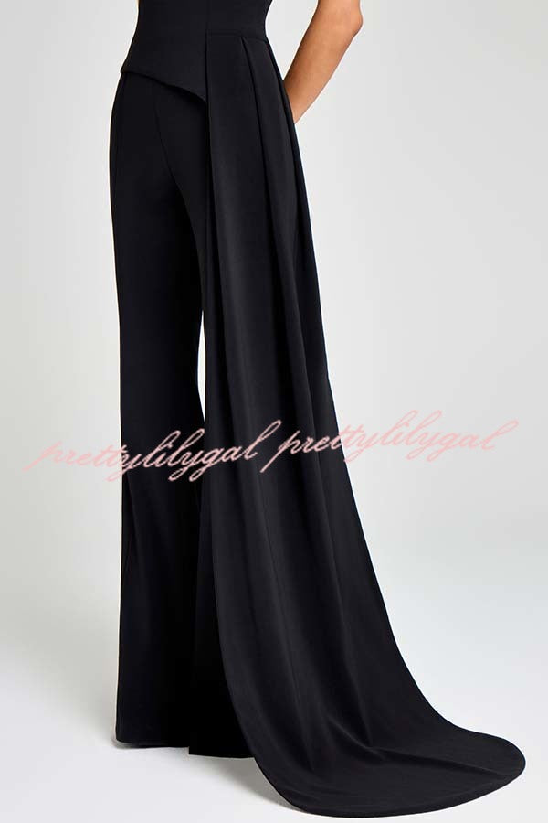 Pippa High Neck Short Sleeve Irregular Drape Hem Top and Elastic Waist Flare Pants Set