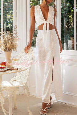 Solid Color Hollow Embroidery V-neck Lace-up Top and Slit Maxi Skirt Set