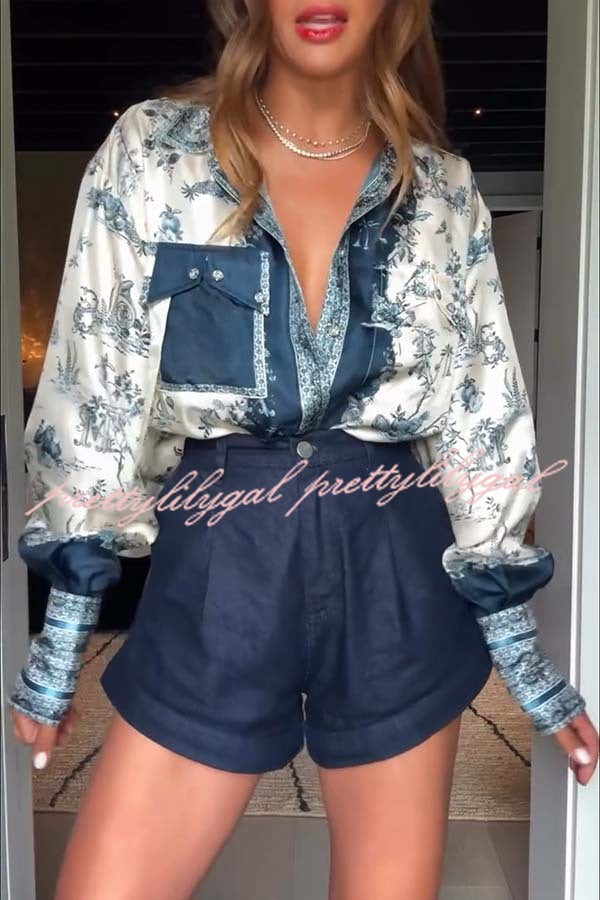 Bohemian Elegant Satin Contrast Color Unique Print Button Up Pocket Loose Blouse