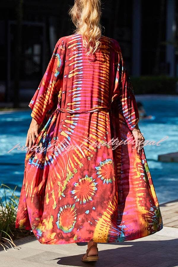 Unique Print Loose Lace Up Holiday Maxi Cover Up