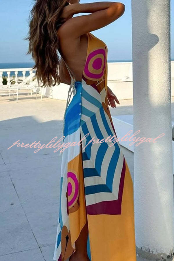 Sun and Sea Unique Print Side Button Rope Halter A-line Maxi Dress