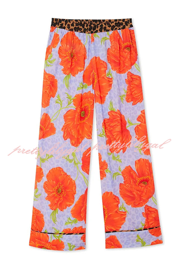 Color-block Poppy Leopard Print Trim Loose Shirt and Elastic Waist Pocketed Pajama Set