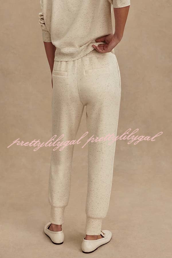 Ivory Marl Fleck Half-Zip Neck Long Sleeve Sweatshirt and Elastic Waist Pocket Jogger Set
