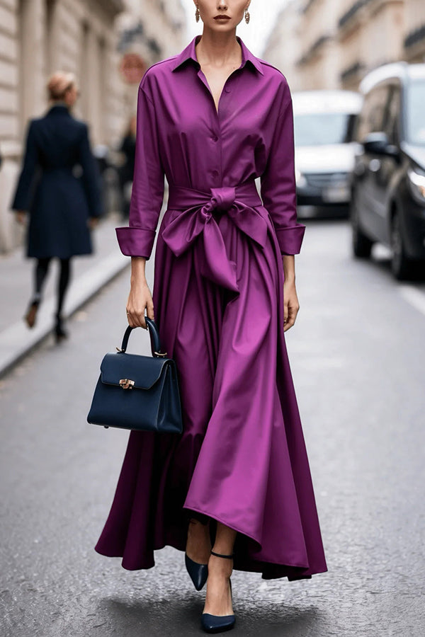 Solid Color Collared Long-sleeved Belted Shirt Style Elegant Maxi Dress