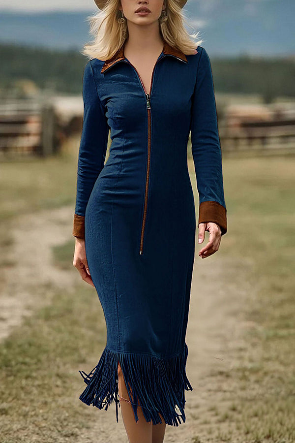 Stylish Suede Zipper Long-sleeved Fringed Hem Slim-fit Midi Dress prettylilygal Stylish Suede Zipper Long-sleeved Fringed Hem Slim-fit Midi Dress prettylilygal