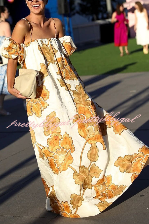 Floral Print Suspenders Puff Sleeves Loose Pocket Holiday Maxi Dress
