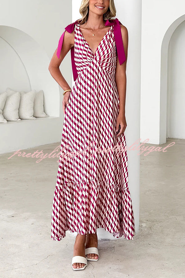 Unique Printed V-neck Sleeveless Lace-up Waist Maxi Dress