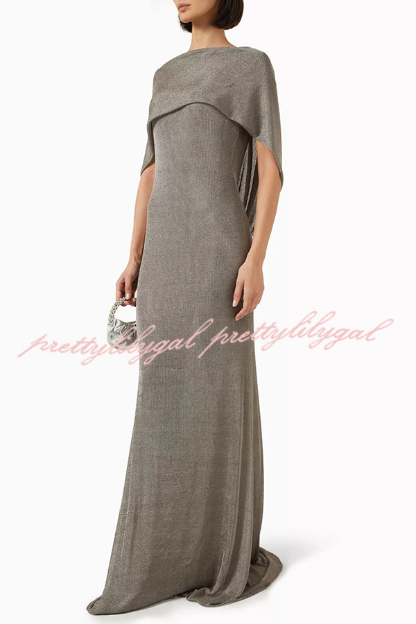 Fit and Elegance Fine Shimmering Fabric Open Cowl Back Draped Neckline Maxi Dress