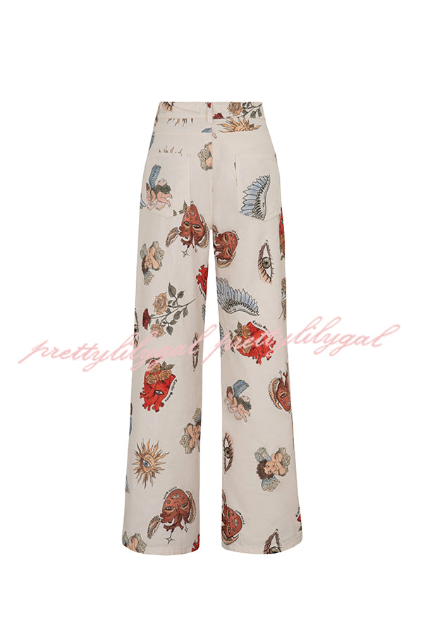 Angel Wings Denim Unique Print Mid Rise Pocket Loose Pants