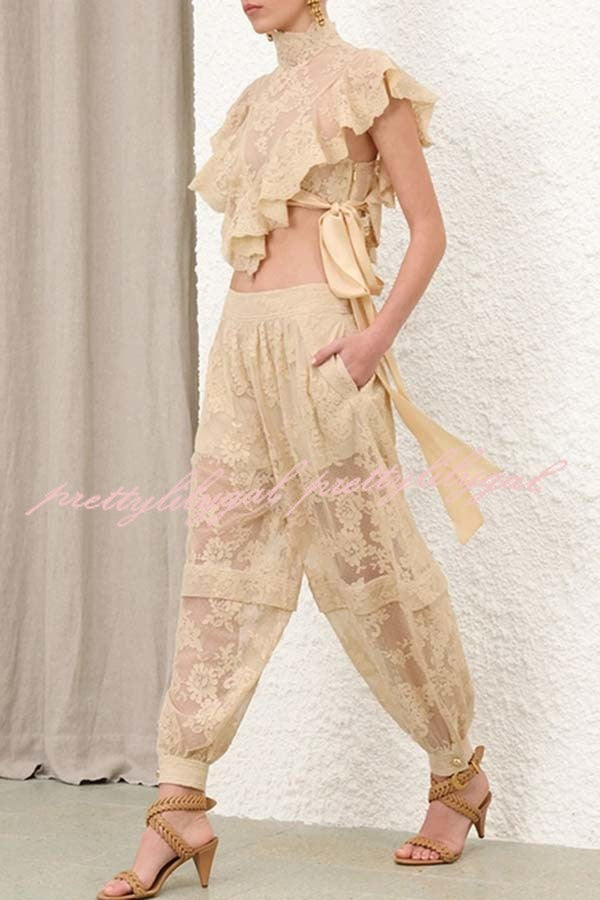 Salenia Lace Appliqué High Neck Side Tie-up Ruffle Cropped Top