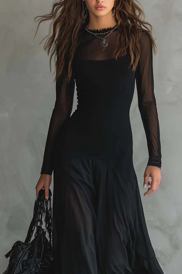 Fashionable Mesh-paneled Long-sleeved Slim-fit Maxi Dress  prettylilygal