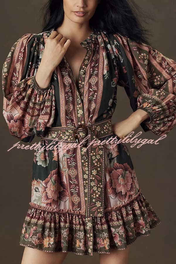 Brazilian Style Unique Floral Print Puff Sleeve Belted Pleated Hem Mini Dress