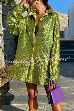 Solid Color Sequined Long-sleeved Casual Mid-length Loose Shirt