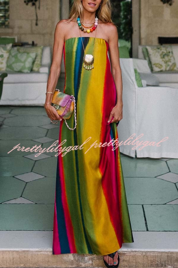 Artistic Rainbow Satin Watercolor Print Off Shoulder Pocketed H-line Maxi Dress
