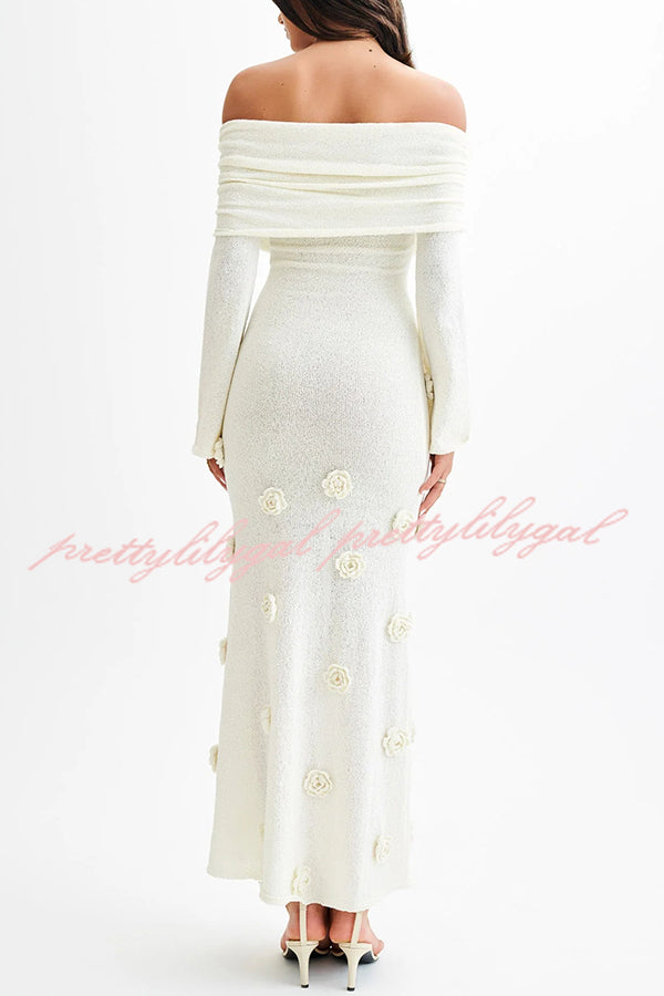 Timeless Sophistication Knit Off Shoulder Rose Detail Stretch Maxi Dress