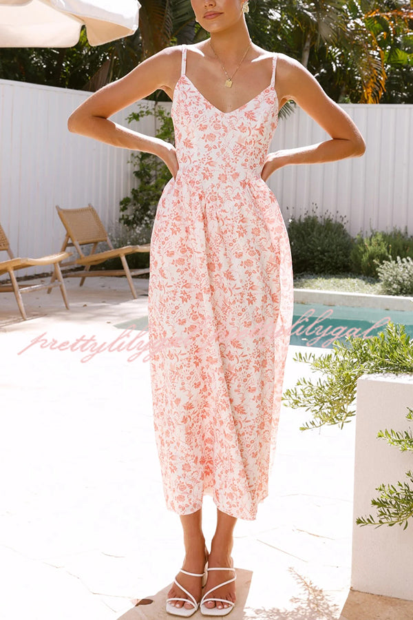Floral Print V-Neck Sleeveless Back Tie Pocket Maxi Dress