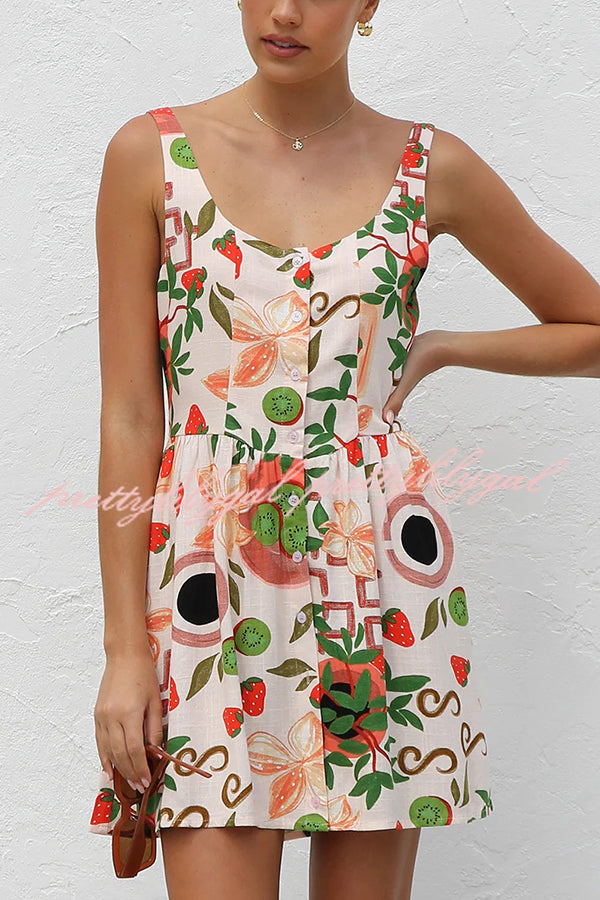 Botanical Print Sleeveless Button-Down Mini Dress