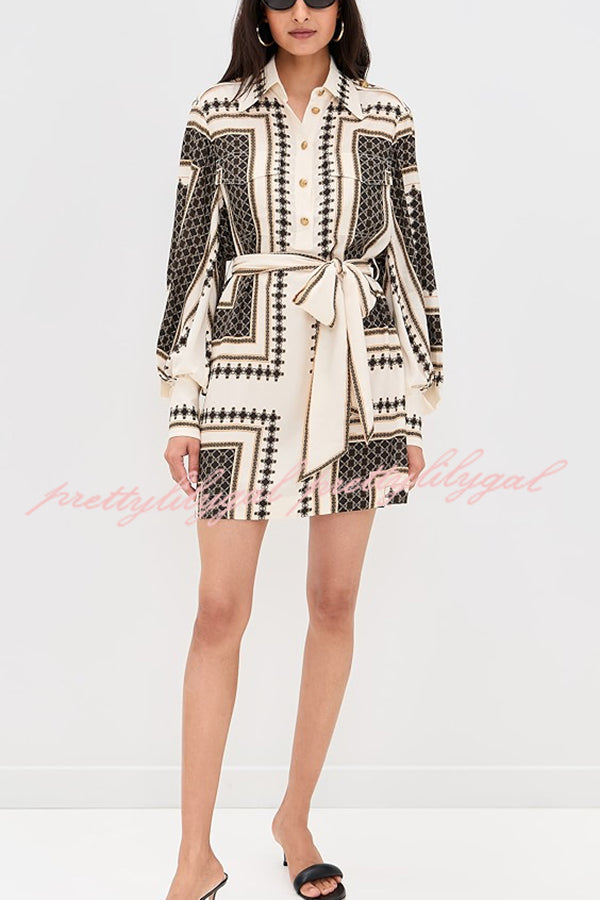 Hildie Unique Print Epaulettes Long Sleeve Flap Pockets Tie-up Waist Shirt Mini Dress
