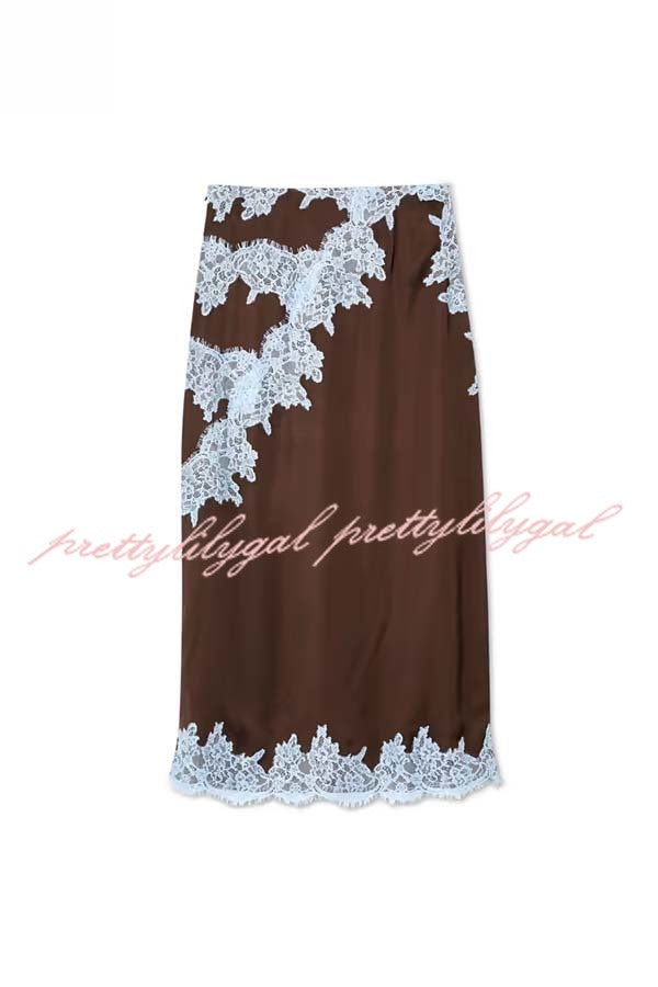 Sunday Social Contrast Color Satin Lace Trim Mid Rise Maxi Skirt