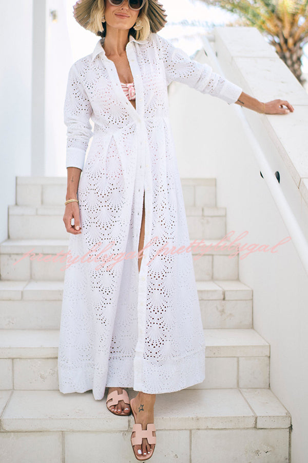 Summer Elegance Lace Eyelet Button Up Long Sleeve Shirt Maxi Dress