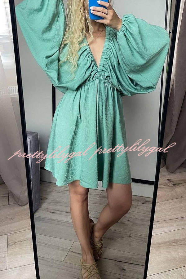 V Neck Puff Sleeve Solid Color Resort Style Mini Dress