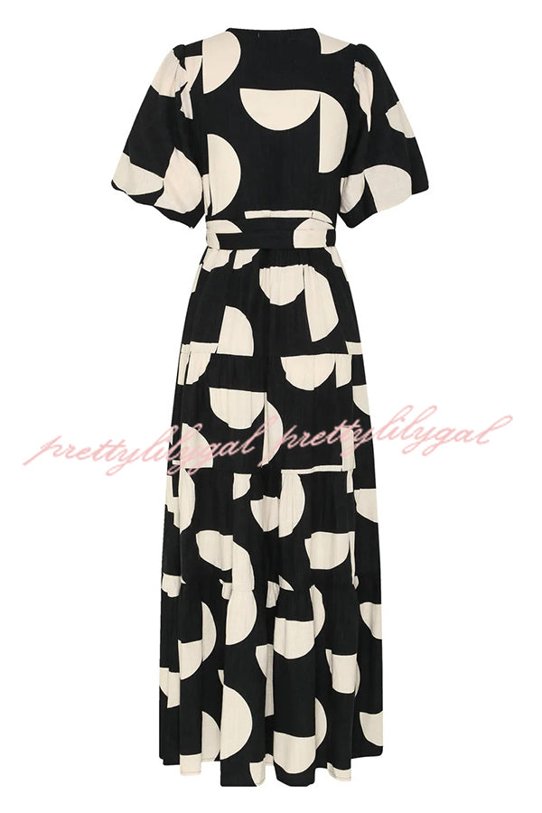 Unique Printed V-neck Puff Sleeves Tie Waist Midi Dress