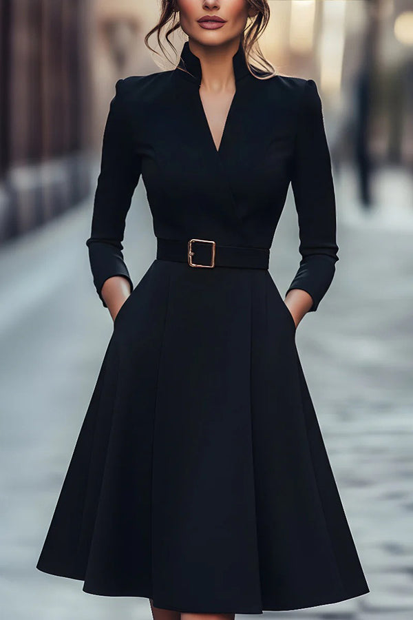 Solid Color V-neck Fitted Waist Long Sleeve Elegant Midi Dress