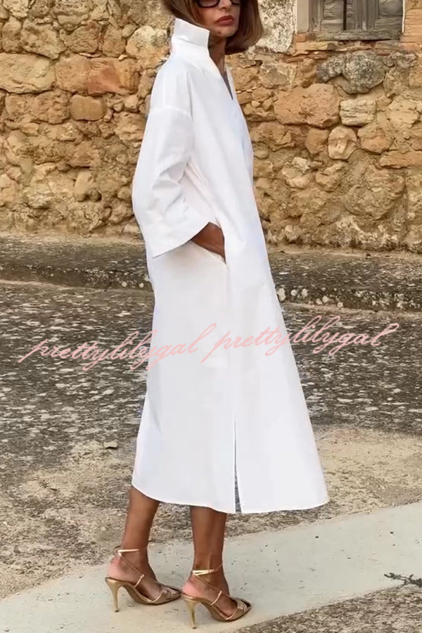 Solid Color V-neck Half-sleeve Loose Slit Midi Dress