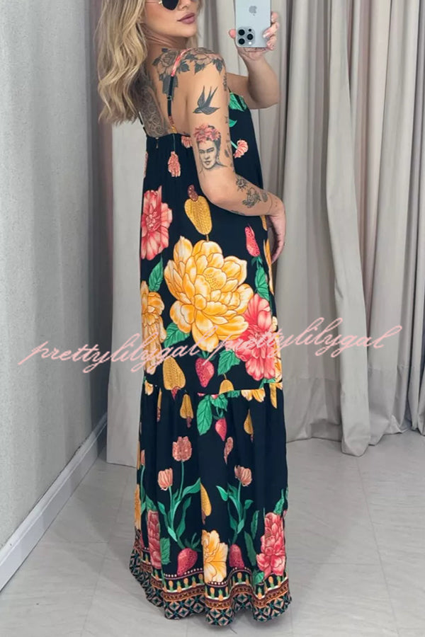 Floral Print Halter Back Loose Pocket Full Hem Maxi Dress