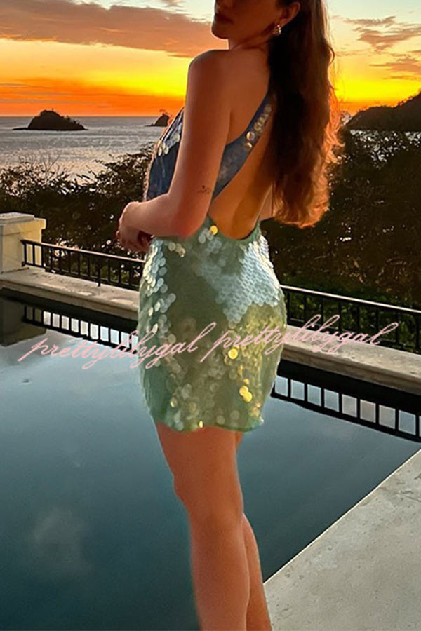 Fashion Sexy Sequined Backless Halter Neck Slim Fit Mini Dress