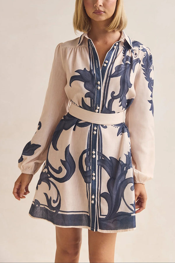 Botanical Print Lapel Puff Sleeve Vintage Belt Loose Mini Dress