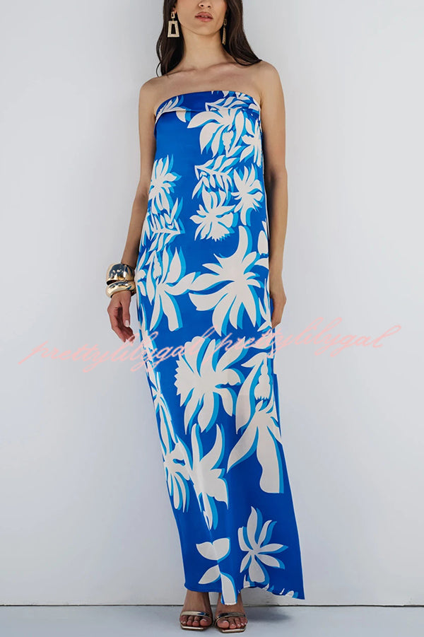 Fashion Vacation Satin Unique Print Off Shoulder Maxi Dress