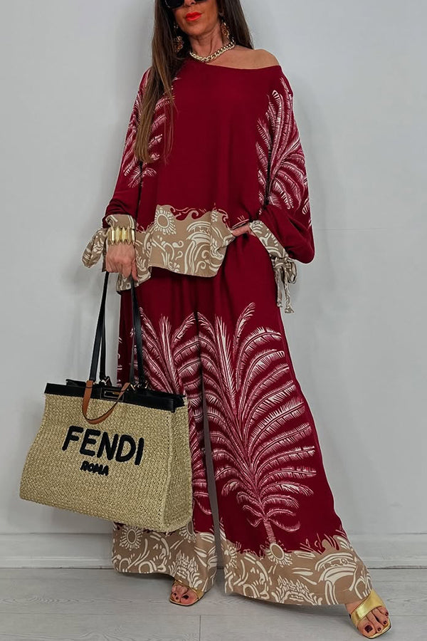Unique Print Loose Drawstring Long Sleeve Top and Elastic Waist Casual Pocket Wide Leg Pants Set