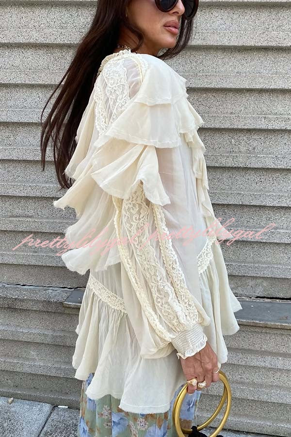 Autumn Boho Chiffon Lace Trim Ruffle Balloon Sleeve Blouse