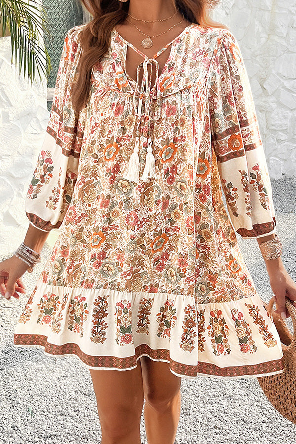 Bohemian Style Unique Printed Casual V-neck Tie Loose Mini Dress