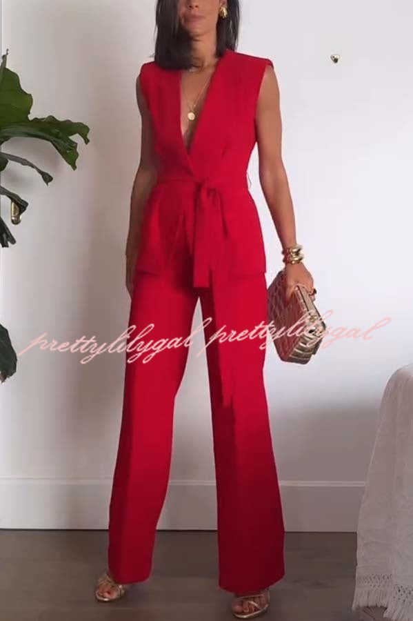 Keep It Classic V-neck Belted Vest and Mid Rise Pocket Wide Leg Pants Set
