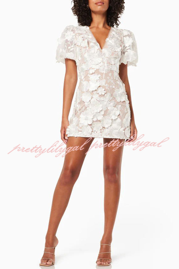 Garden Gala Embroidered Floral Applique Puff Sleeve Mini Dress