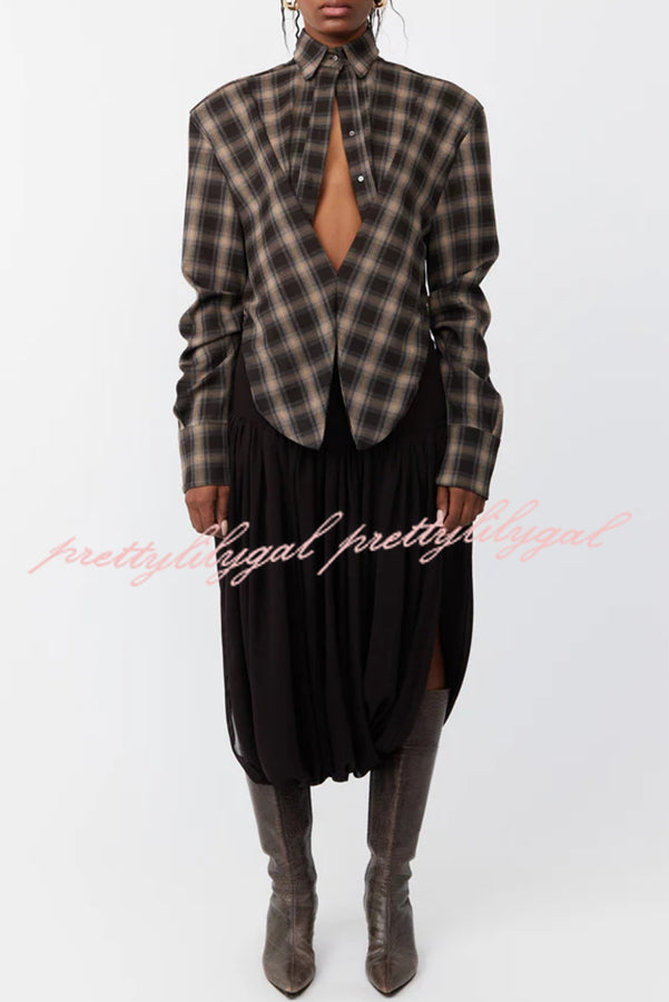 Vintage Plaid Shoulder Pad Buttons Long Sleeve Angled Hem Shirt