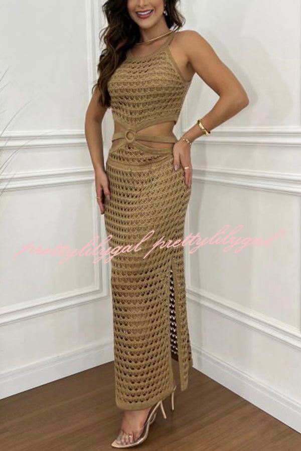 Stunning Gaze Knit Texture Ring Side Waist Cutout Stretch Maxi Dress