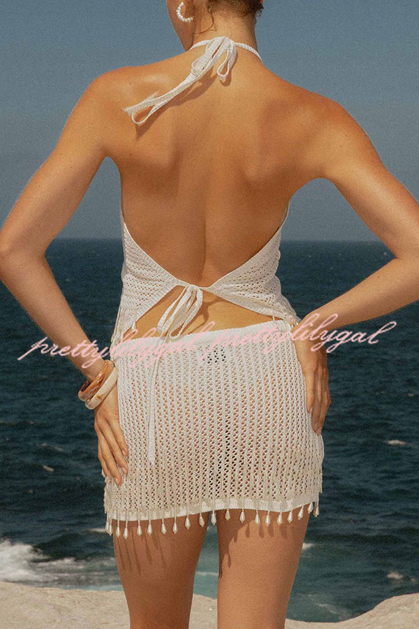 Fashion Knit Hollow Back Top and Embellished Fitted Stretch Beach Mini Skirt Set