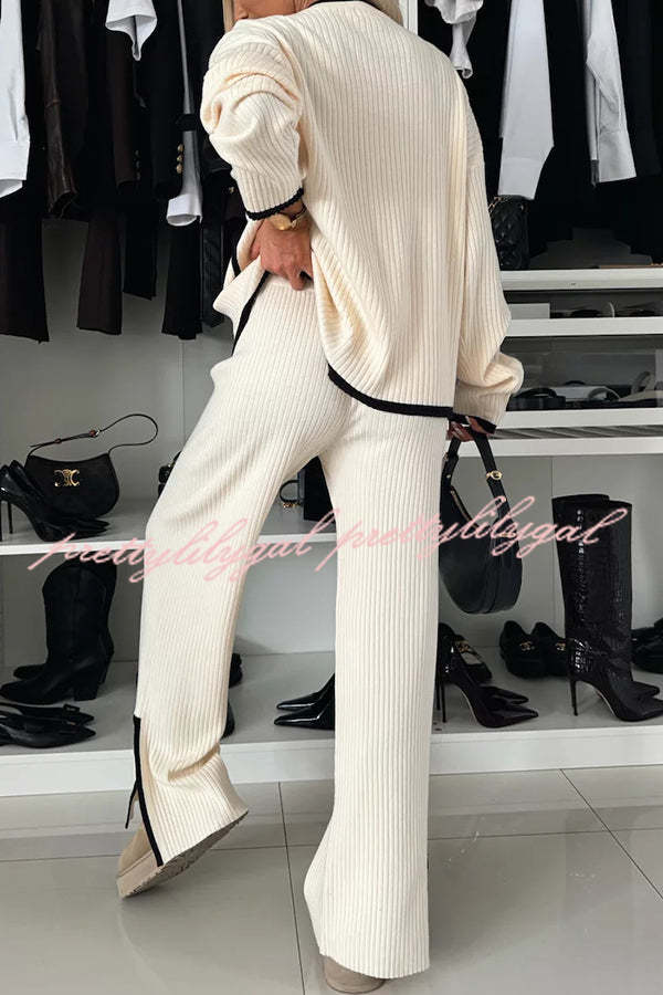 Warm Embrace Knit Ribbed Colorblock Trim Pocket Top and Stretch Slit Pants Set