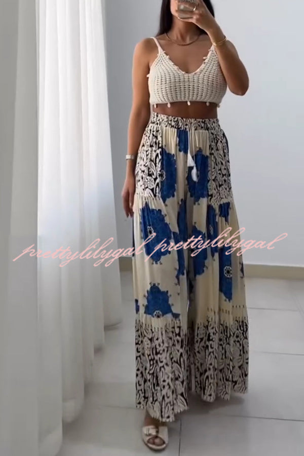 Unique Print Elastic High Waist Tie Pocket Holiday Style Wide Leg Pants