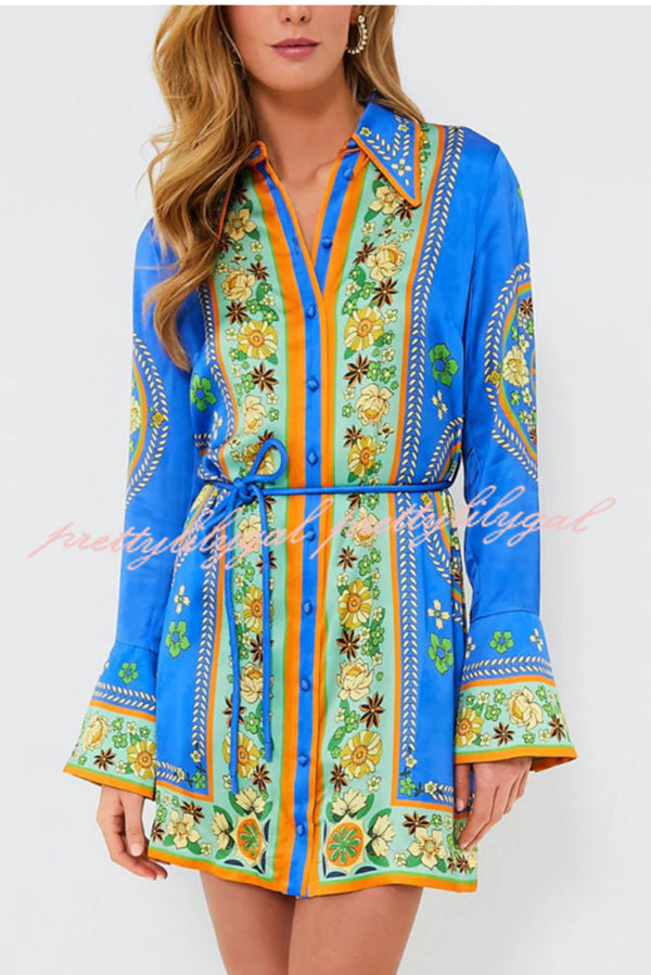 Katia Satin Unique Print Shaped Collar Tie-up Waist Shirt Mini Dress