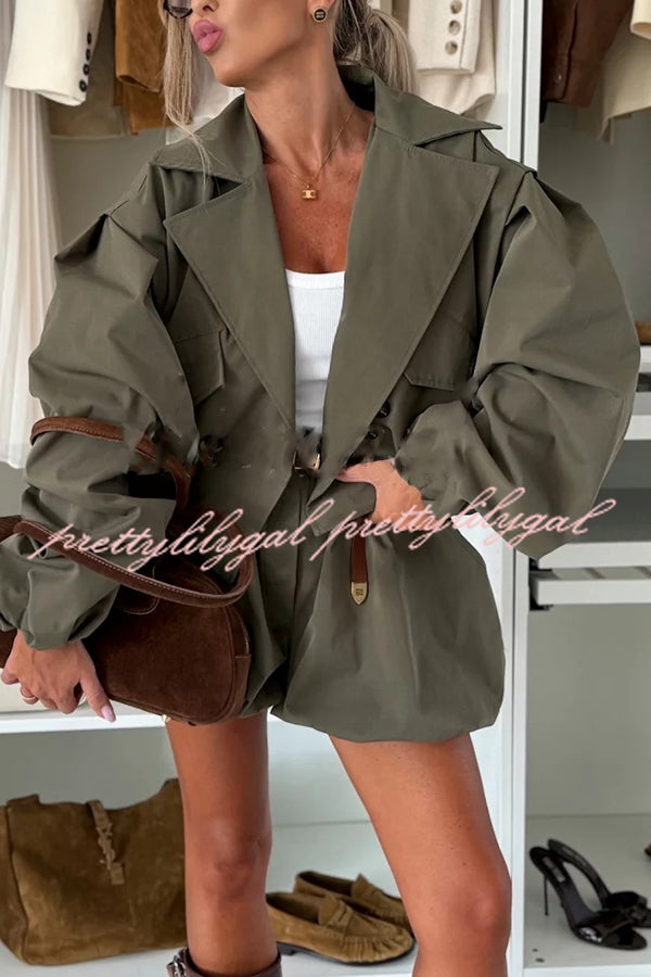 Fashion Style Button Long Balloon Sleeve Pocket Lapel Casual Bomber Jacket