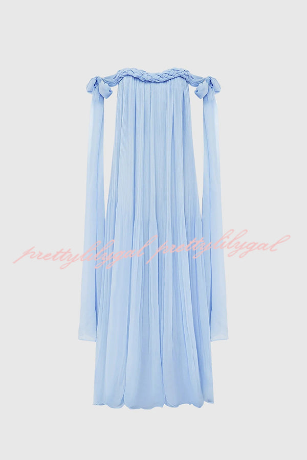 Fairy Spirit Tulle Braided Neckline Tie Arm Straps Pleated Maxi Dress