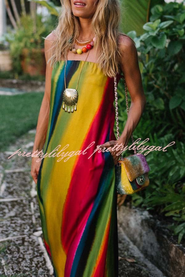 Artistic Rainbow Satin Watercolor Print Off Shoulder Pocketed H-line Maxi Dress
