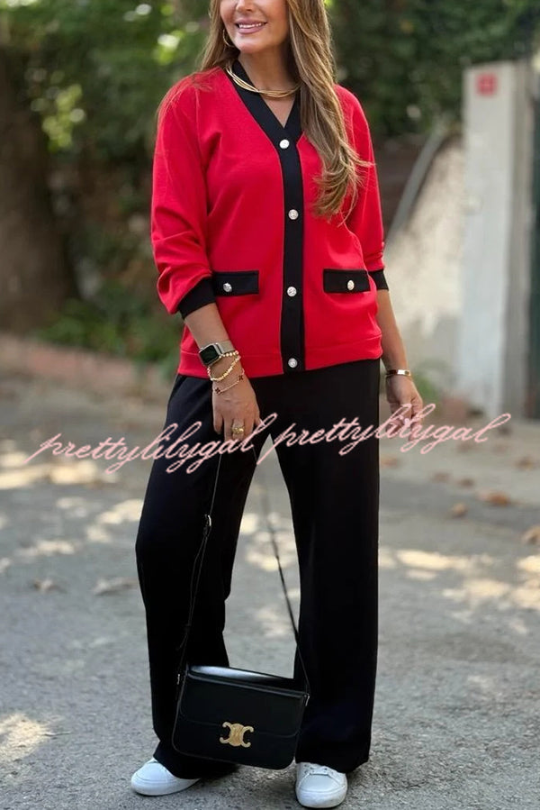 Stylish Color-blocked V-neck Knitted Button-down Cardigan and Elastic Waist Casual Wide-leg Pants Set