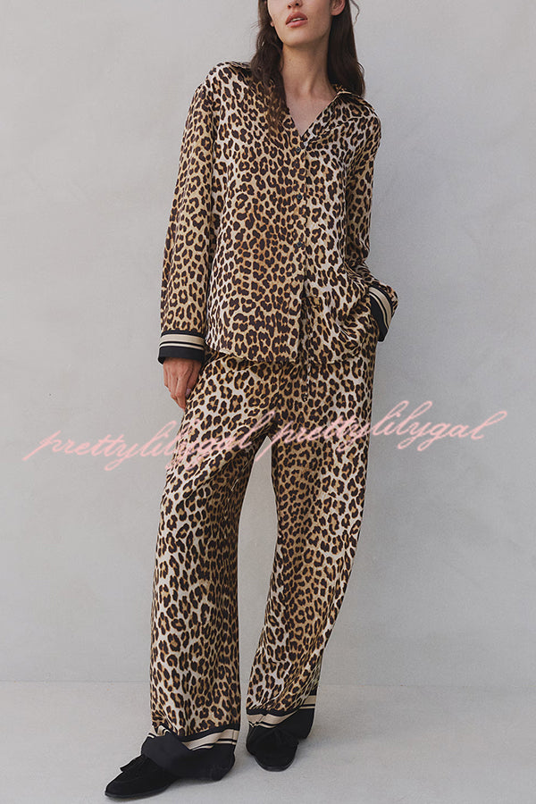 Unique Print Lapel Long Sleeve Loose Shirt and Elastic Waist Casual Pocket Wide Leg Pants Set