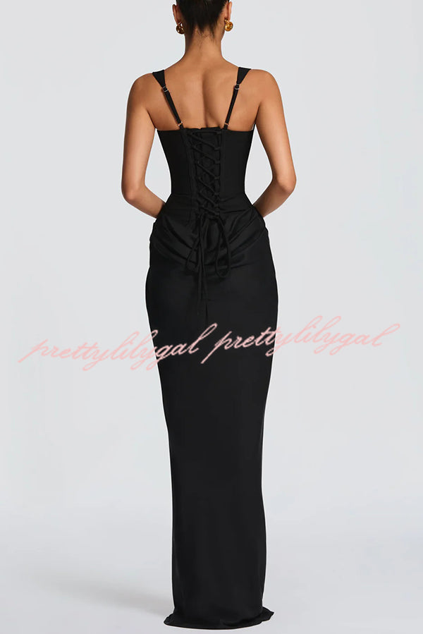 Larrah Square Neck Back Lace-up Satin Drape Hem Maxi Dress