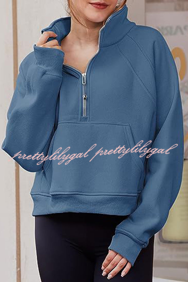 Stylish Patchwork Stand Collar Zippered Loose Pocket Sweatshirt